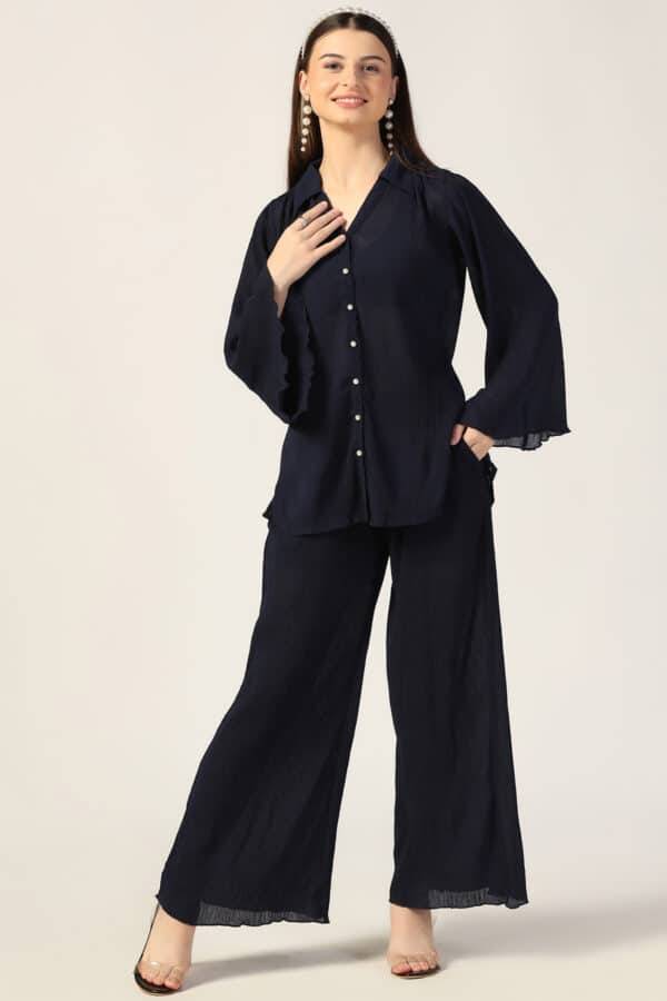 Pleated Georgette Co-Ord Top with Flared Sleeves