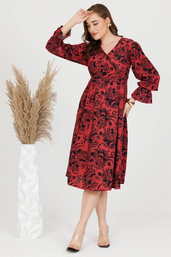 Coral & Black Rayon Dobby Print V-Neck Dress