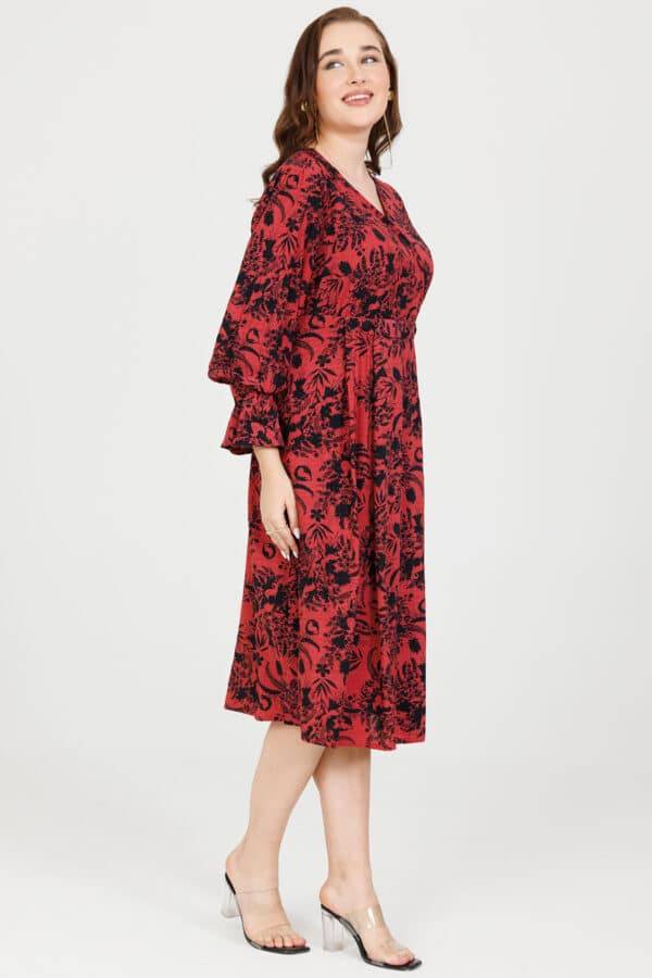 Coral & Black Rayon Dobby Print V-Neck Dress