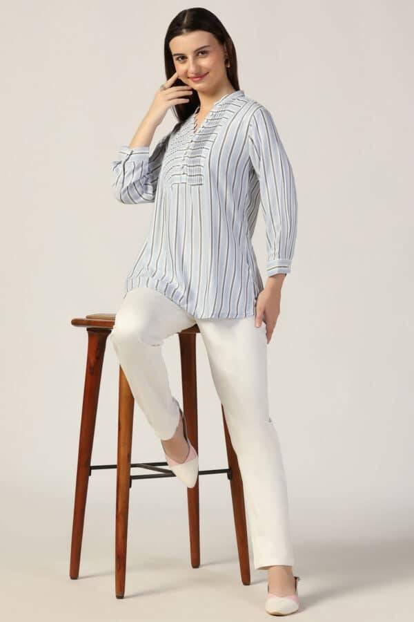 White & Blue Striped Pintuck Casual Top