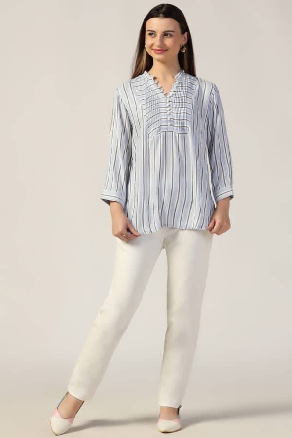 White & Blue Striped Pintuck Casual Top