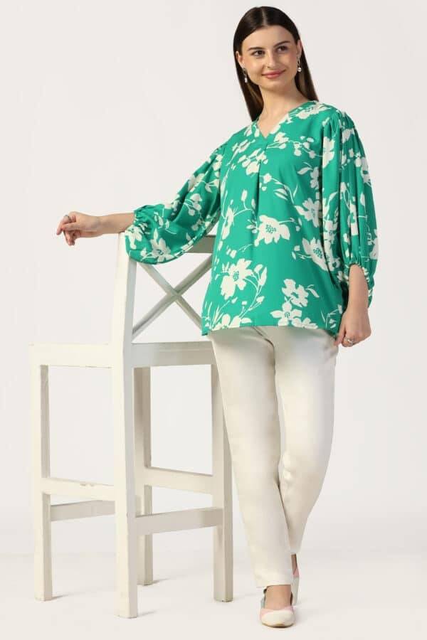 Green Rayon Moss Printed V-Neck Top