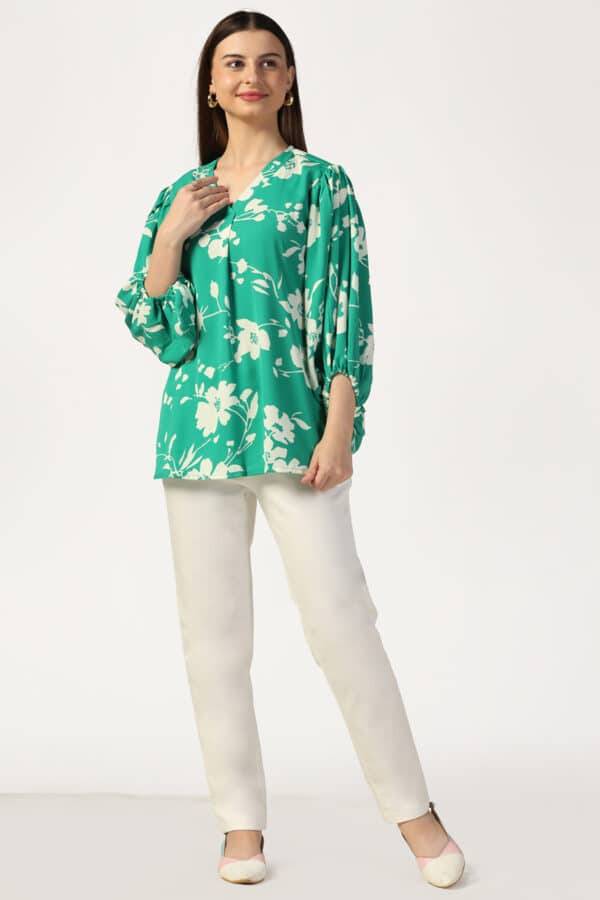 Green Rayon Moss Printed V-Neck Top