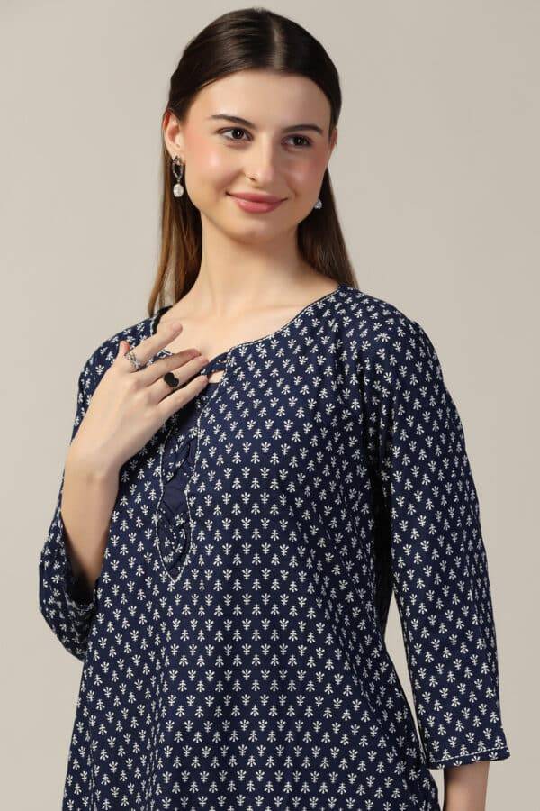 Blue Embroidered Linen Casual Top