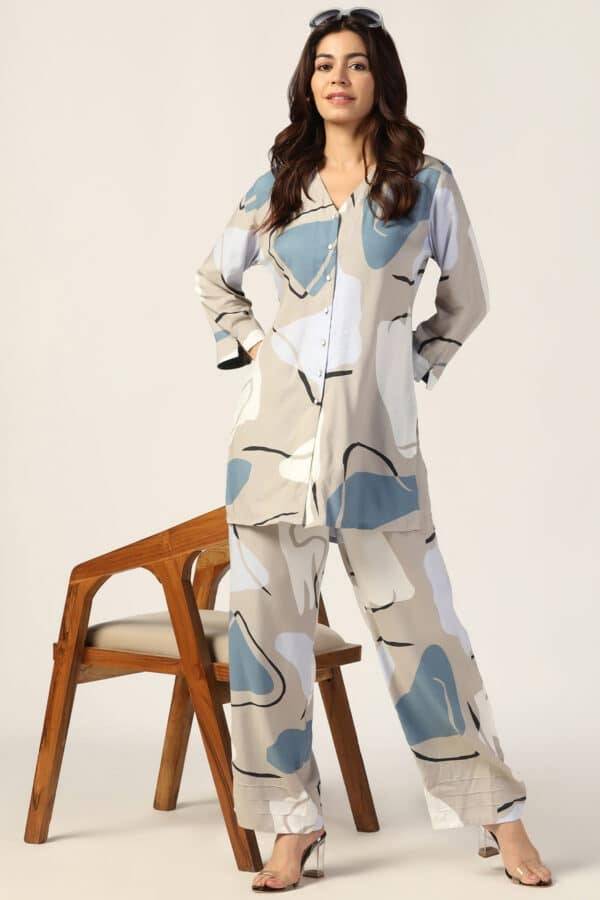 Grey Printed Rayon Co-ord Shirt