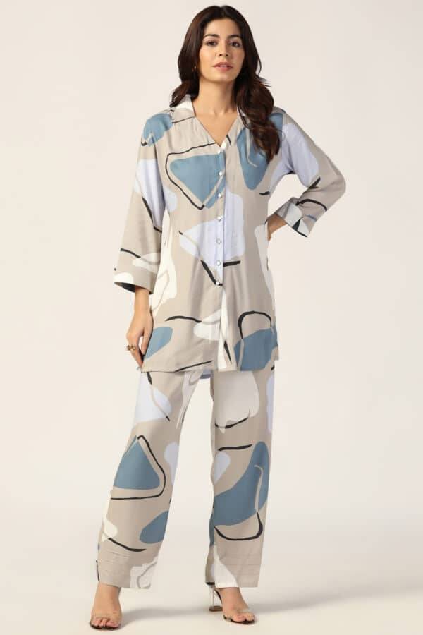 Grey Printed Rayon Co-ord Pants