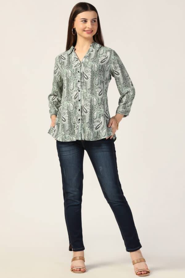 Light Sage Green Printed Modal Collared Shirt