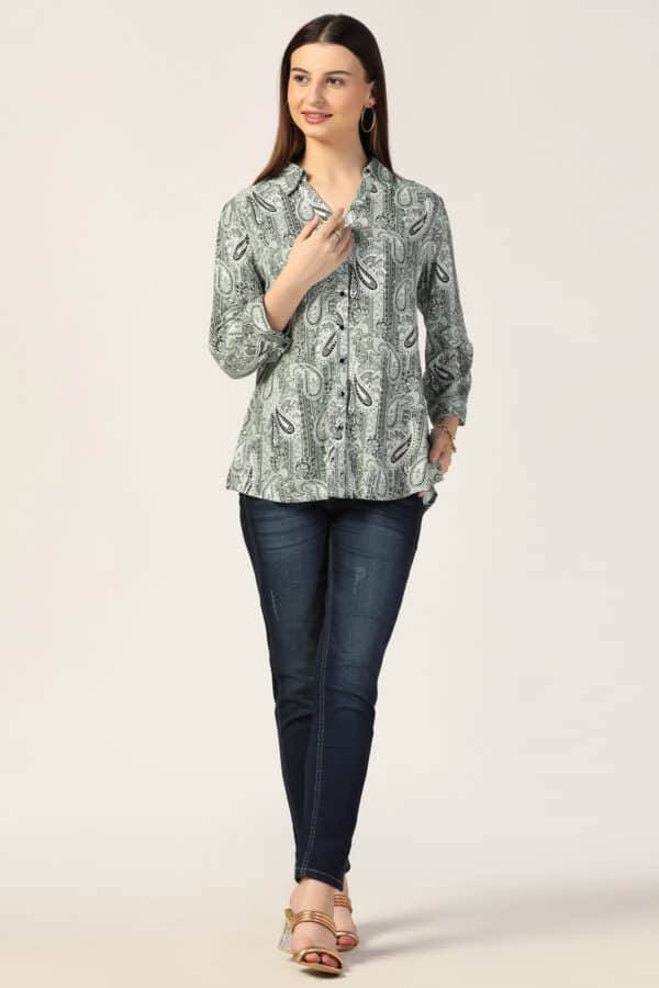 Light Sage Green Printed Modal Collared Shirt