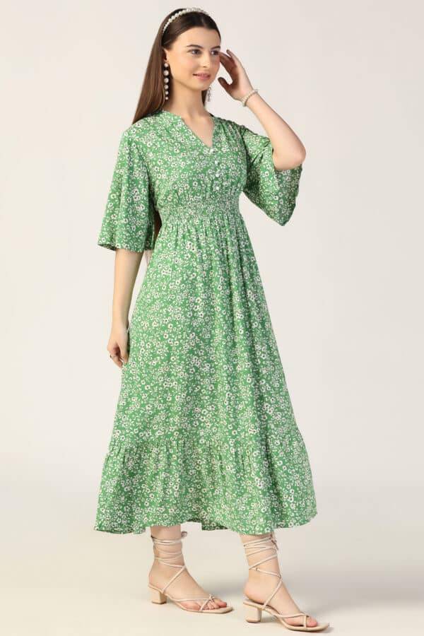 Green Printed Rayon Modal Dress