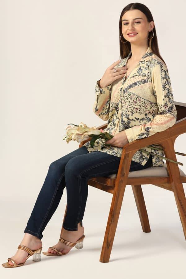 Cream Printed Rayon Shirt with Full Sleeves