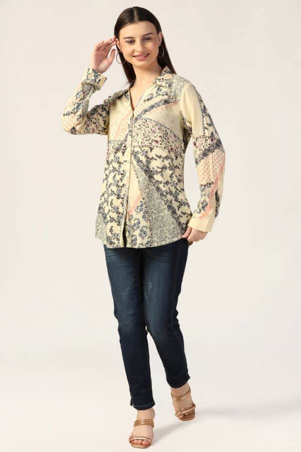 Cream Printed Rayon Shirt with Full Sleeves