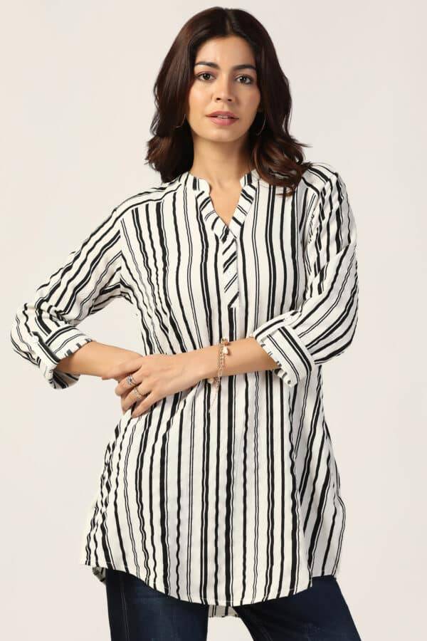 White Striped Bubble Crepe Tunic