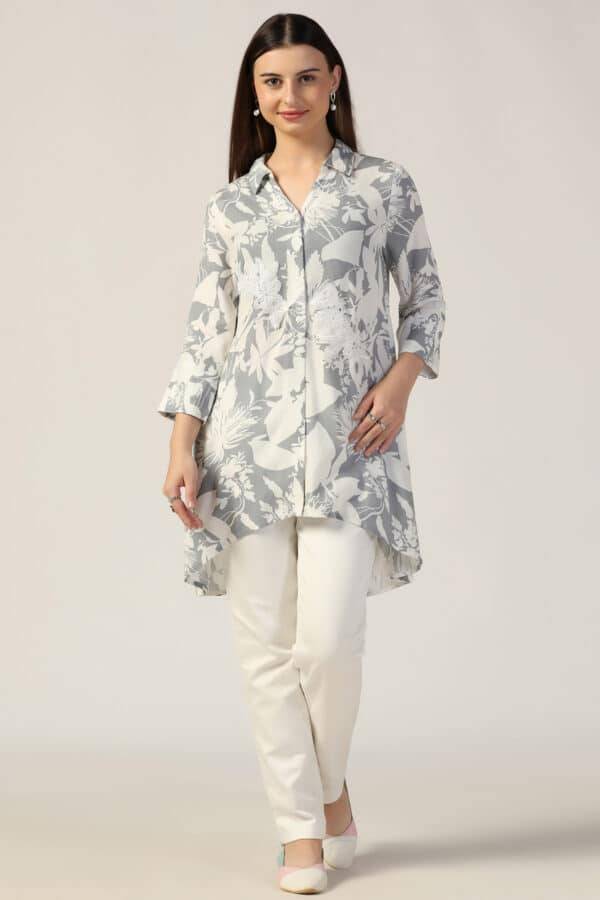 White & Grey Printed Rayon Dobby Abstract Tunic