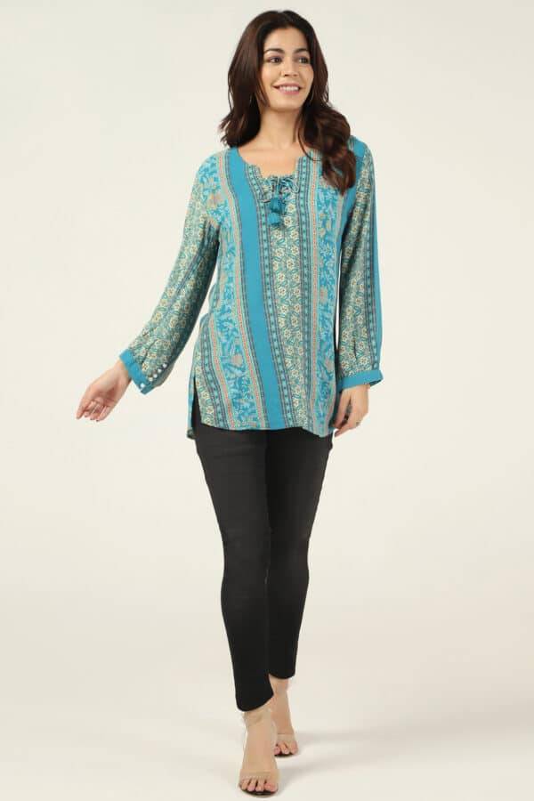 Teal Printed Rayon Crepe Casual Top