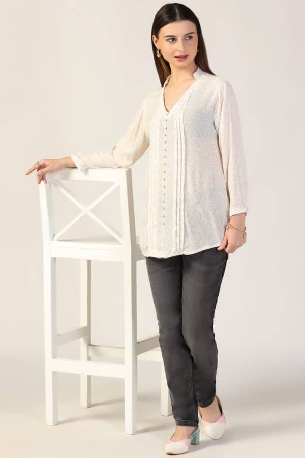 Off White Printed Rayon Crepe Top
