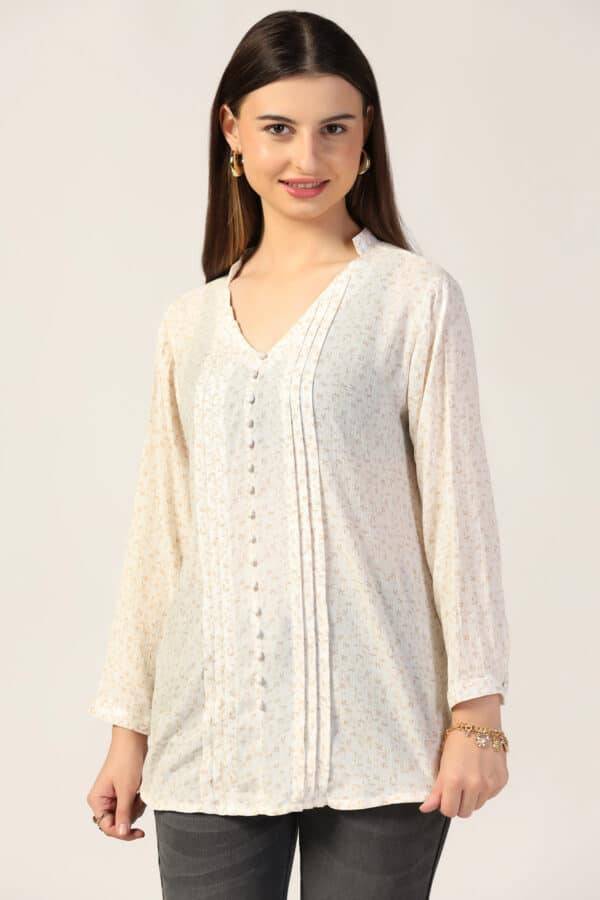 Off White Printed Rayon Crepe Top