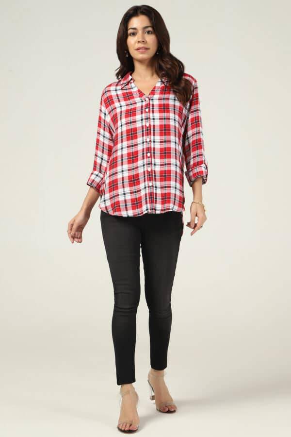 White & Maroon Checked Rayon Twill Shirt
