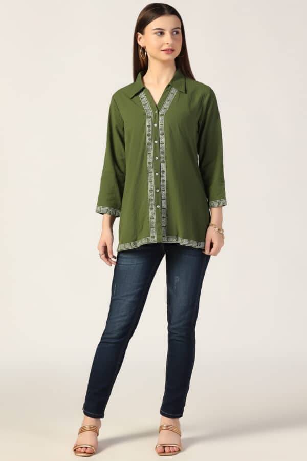 Forest Green Seer Sucker Shirt with Embroidery