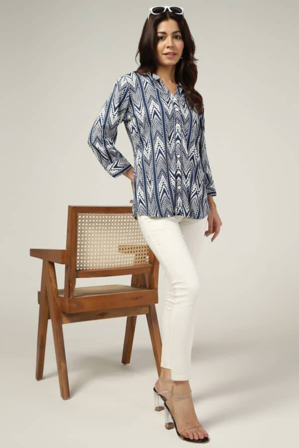 Blue & White Printed Rayon Shirt