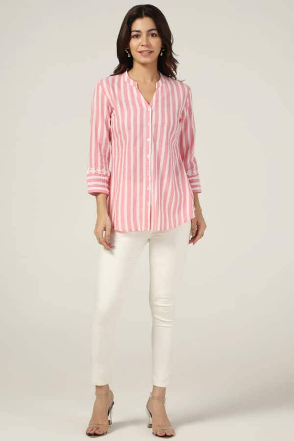 Striped Cotton Mandarin Collar Shirt