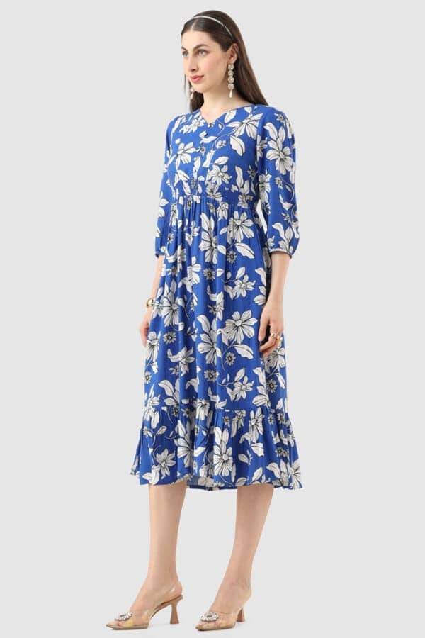 Blue Viscose Linen Printed Dress with 3/4th Sleeves & V-Neck