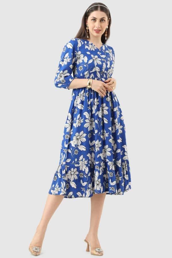 Blue Viscose Linen Printed Dress with 3/4th Sleeves & V-Neck