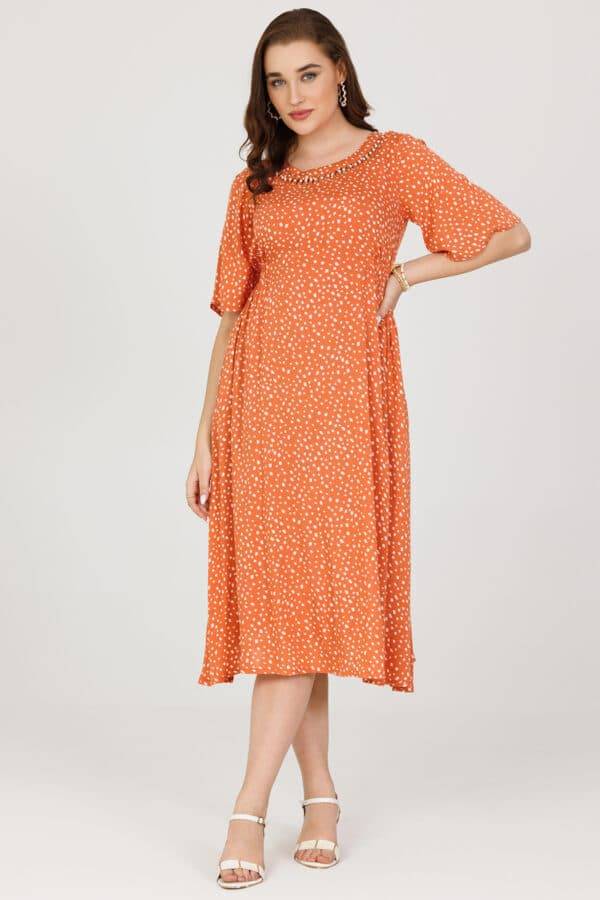 Rust & Orange Printed Rayon Crepe Dress