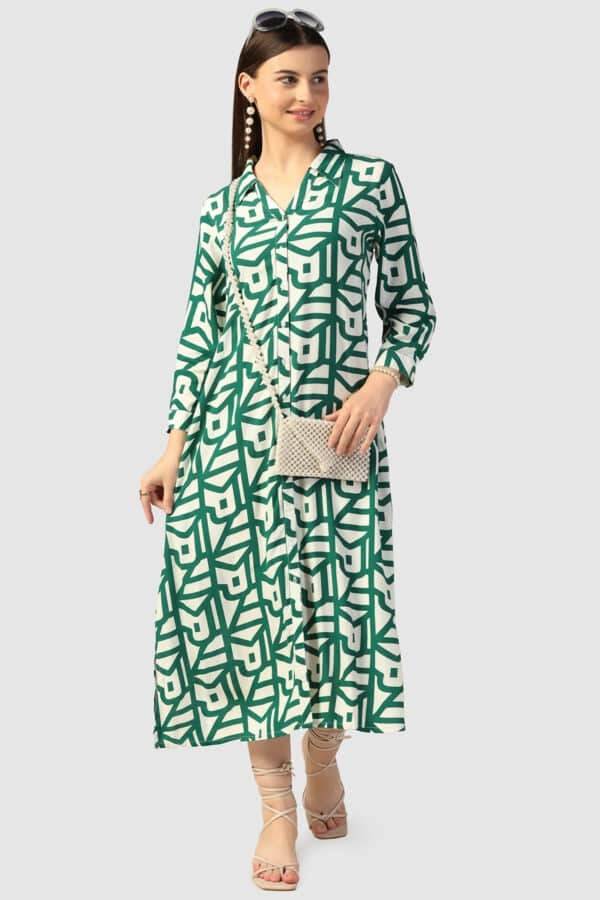 Green Printed Collared Rayon Dress