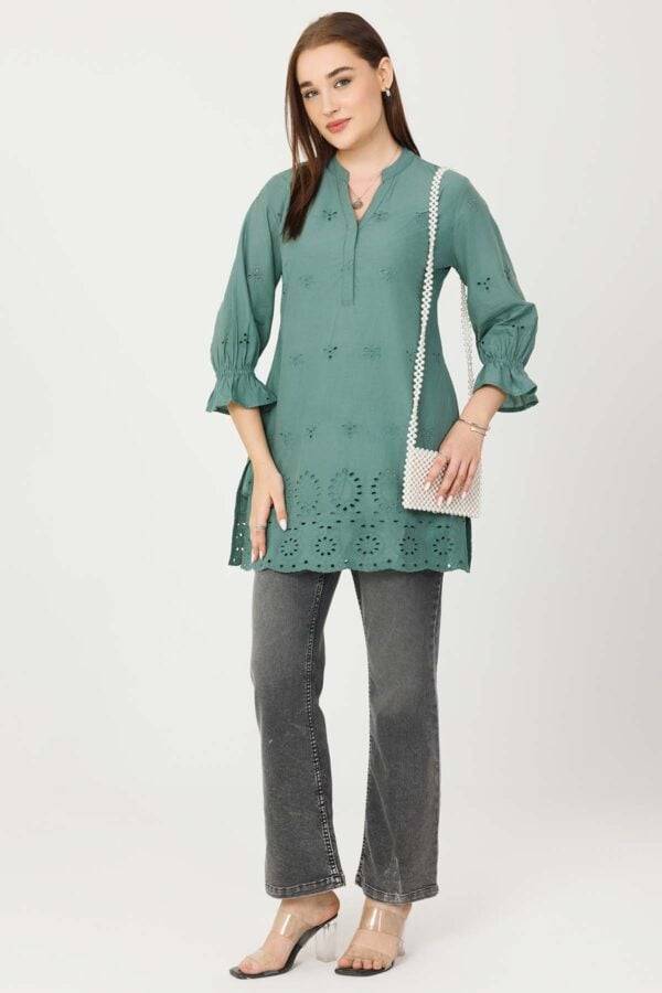Vintage Teal Schiffli Embroidered Tunic with Bell Sleeves