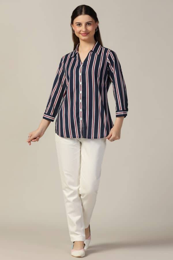 Blue Striped Collared Rayon Slub Shirt