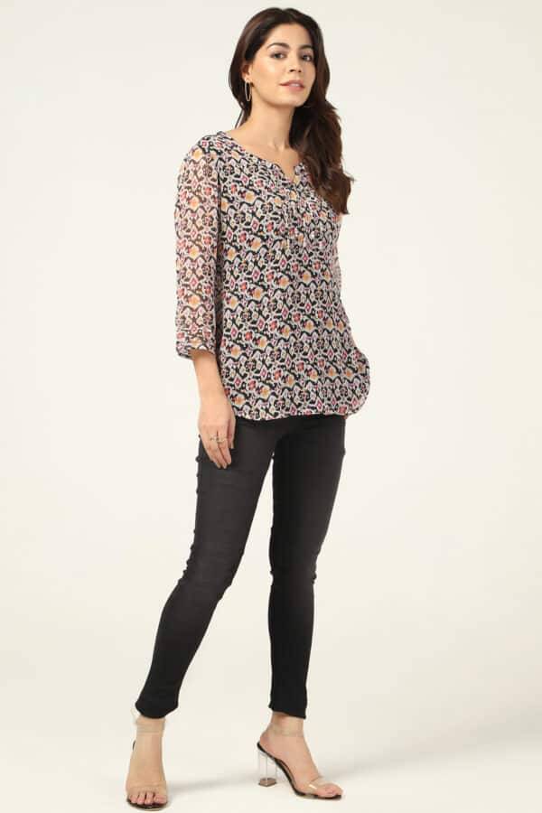 Blue Printed Chiffon Top with 3/4th Sleeves
