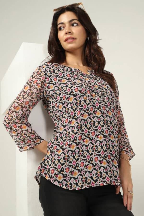 Blue Printed Chiffon Top with 3/4th Sleeves