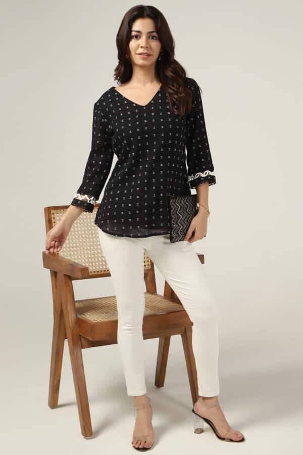 Black Cotton Crepe V-Neck Printed Top