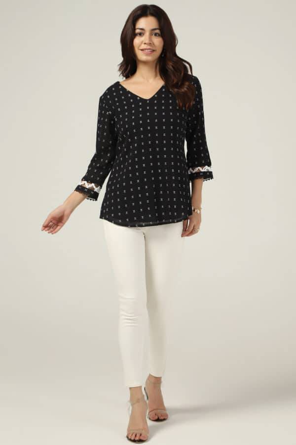 Black Cotton Crepe V-Neck Printed Top