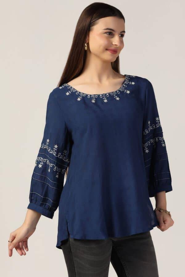 Blue Embroidered Casual Top