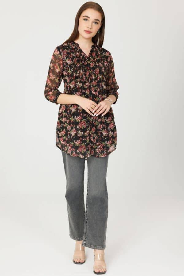 Black Chiffon Pintuck Tunic with Mandarin Collar