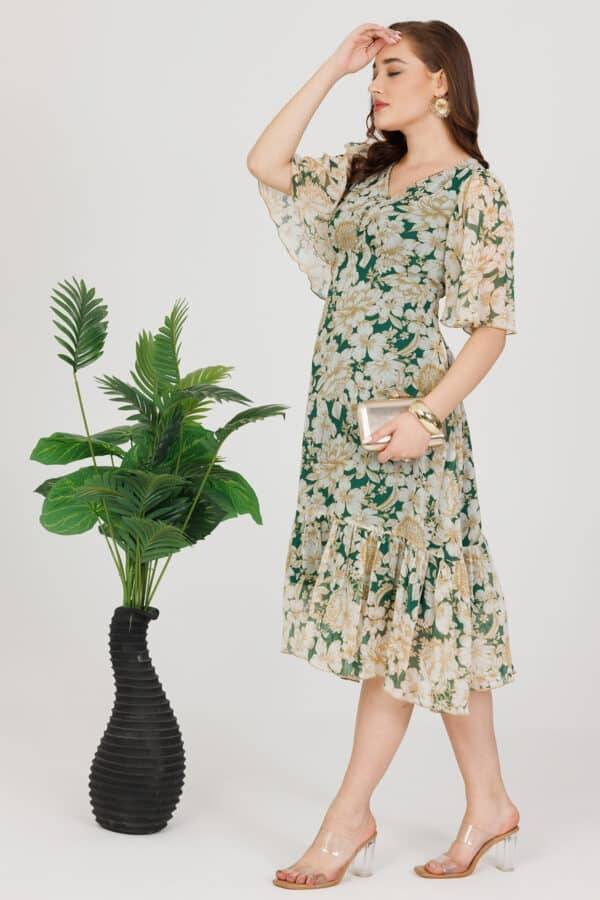 Green Printed Chiffon V-Neck Casual Dress