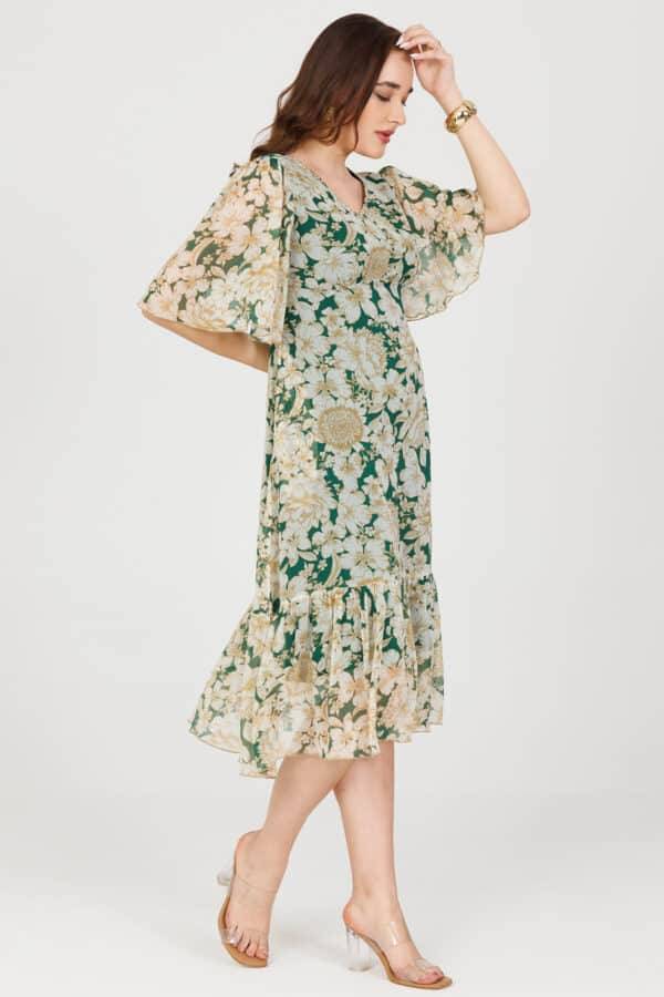 Green Printed Chiffon V-Neck Casual Dress