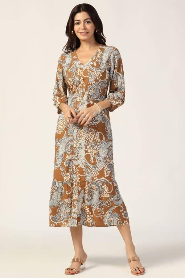Grey Printed Rayon Dress with V Neck