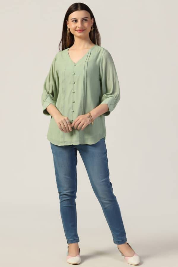 Green Nylon Crepe Casual Top with V Neck and 3/4th Sleeves