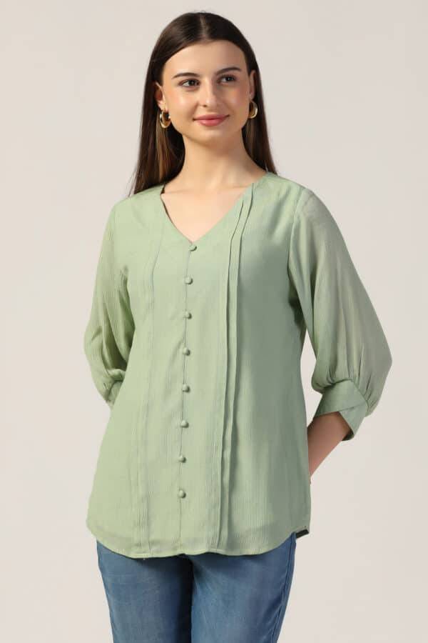 Green Nylon Crepe Casual Top with V Neck and 3/4th Sleeves
