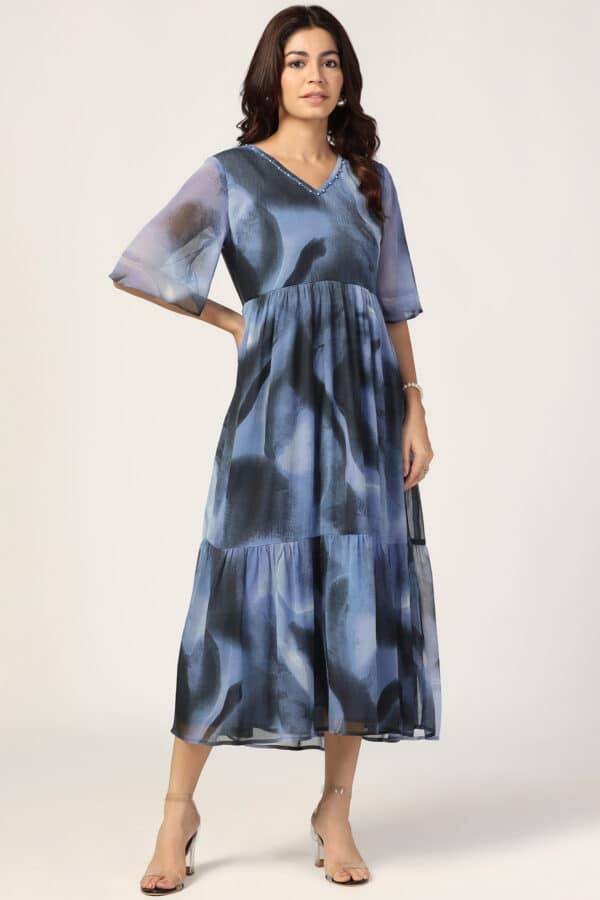 Blue & Black Chiffon Dress with V Neck and Half Sleeves