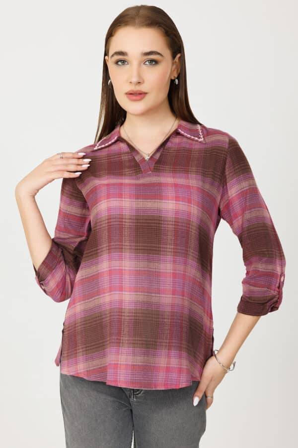 Woolen Check Winter Pink Top 3/4th Sleeves