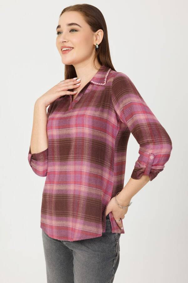 Woolen Check Winter Pink Top 3/4th Sleeves