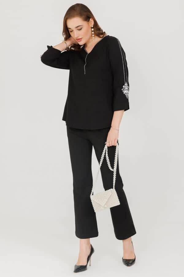 Herringbone Cotton Winter Top Black V Neck