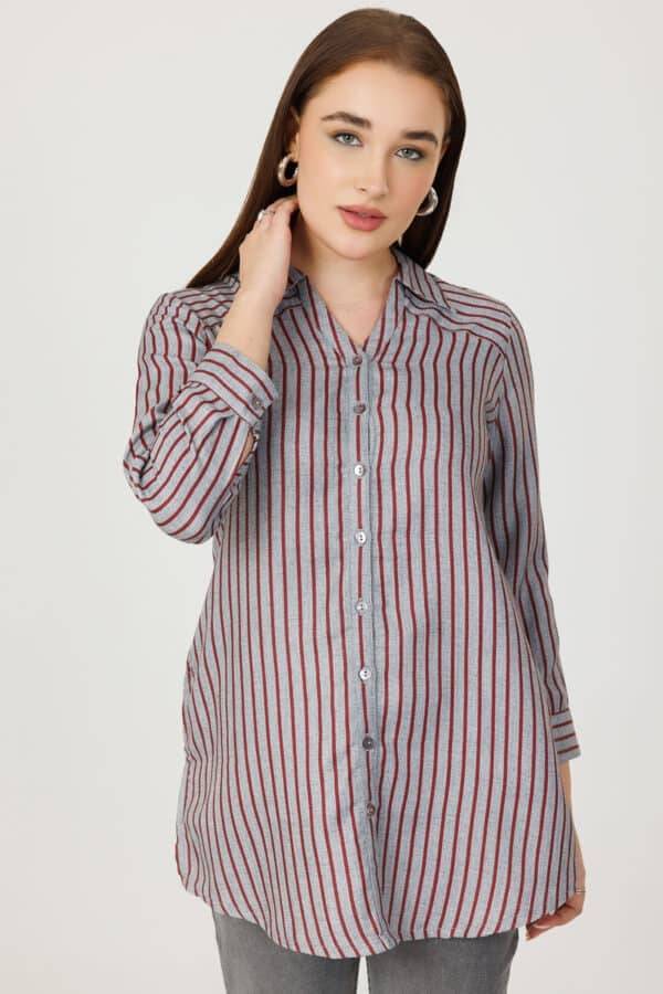 Maroon and Grey Pashmina Stripe Long Winter Shirt