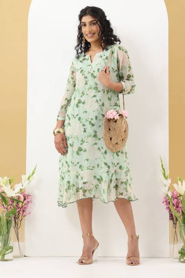 Green Chiffon Printed Dress with Mandarin Collar
