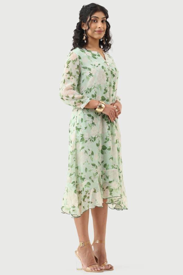 Green Chiffon Printed Dress with Mandarin Collar