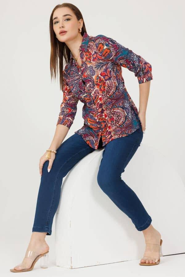 Orange Printed Crepe Shirt with Collar