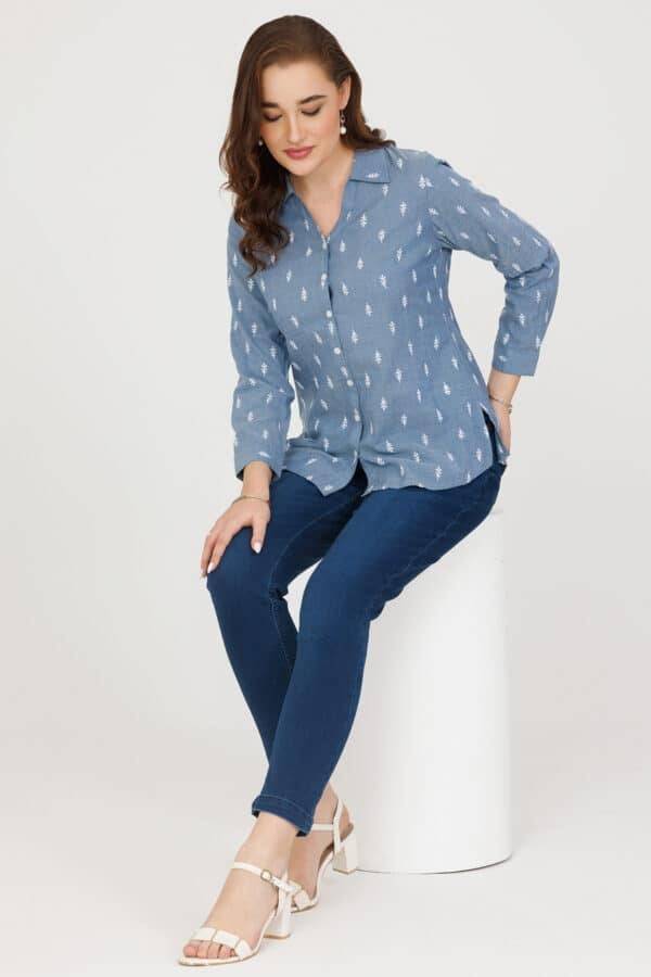 Blue Chambray Embroidered Shirt with Full Sleeves
